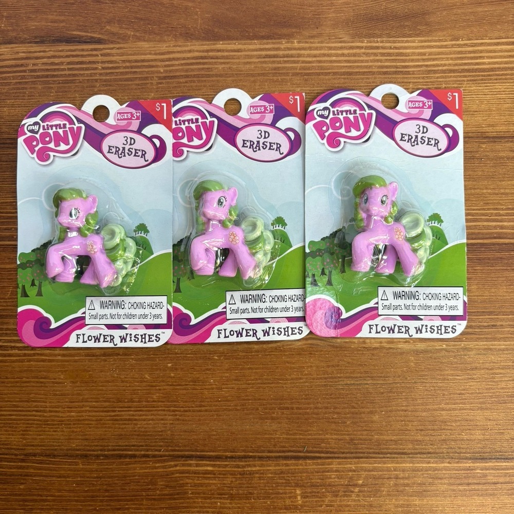 Lot of 3 Hasbro My Little Pony Flower Wishes 3D Erasers Sealed 2015 New Cards - Picture 1 of 5